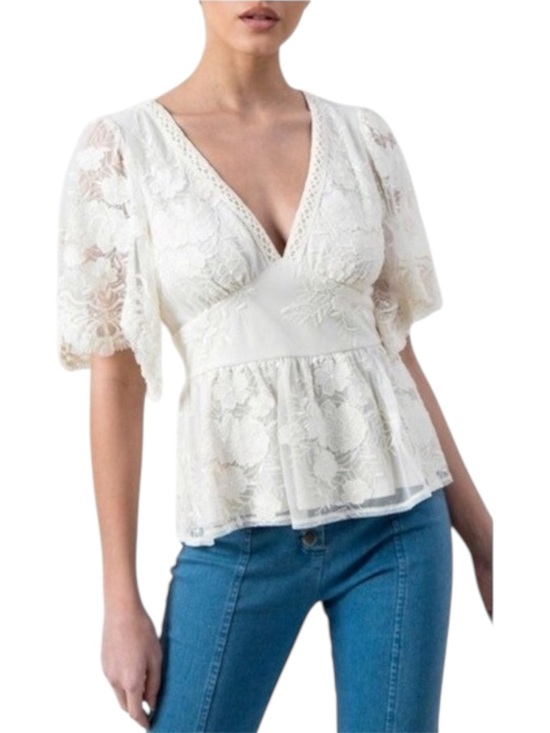 A. Calin Tops - A Calin Lace Peplum Top Boho Cottagecore Sheer Floral Romantic Blouse